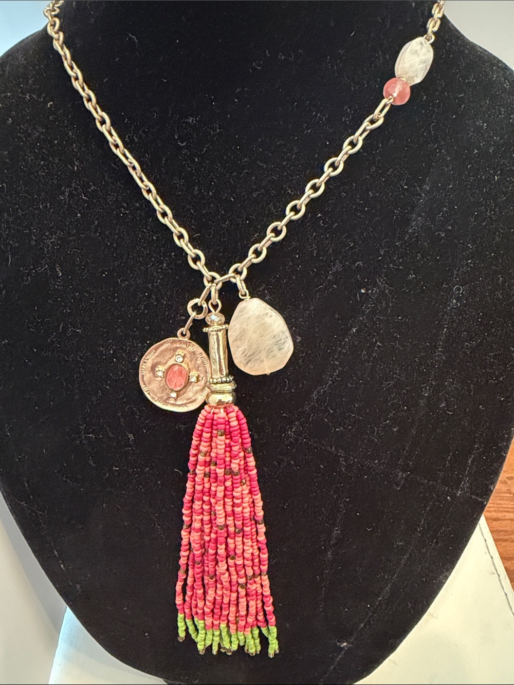 Handmade Pink Beaded Tassel Pendant Necklace - Women Jewelry